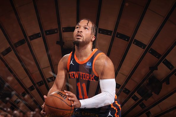 NEW YORK, NY - NOVEMBER 1: [EDITORS NOTE: This image has been produced using a double exposure.] Jalen Brunson #11 of the New York Knicks shoots a free throw during the game against the Cleveland Cavaliers on November 1, 2023 at Madison Square Garden in New York City, New York.  NOTE TO USER: User expressly acknowledges and agrees that, by downloading and or using this photograph, User is consenting to the terms and conditions of the Getty Images License Agreement. Mandatory Copyright Notice: Copyright 2023 NBAE  (Photo by Nathaniel S. Butler/NBAE via Getty Images)