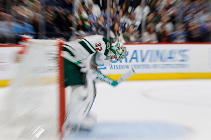 Apr 9, 2024; Denver, Colorado, USA; Minnesota Wild goaltender Filip Gustavsson (32) in the second period against the Colorado Avalanche at Ball Arena. Mandatory Credit: Isaiah J. Downing-USA TODAY Sports