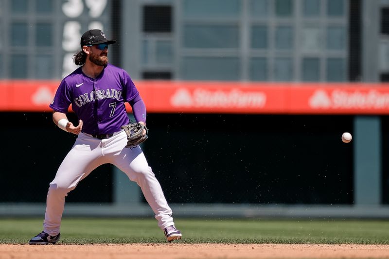 Aug 29, 2024; Denver, Colorado, USA; Colorado Rockies second baseman Brendan Rodgers (7) reacts as he loses track of a fly ball in the third inning against the Miami Marlins at Coors Field. Mandatory Credit: Isaiah J. Downing-USA TODAY Sports