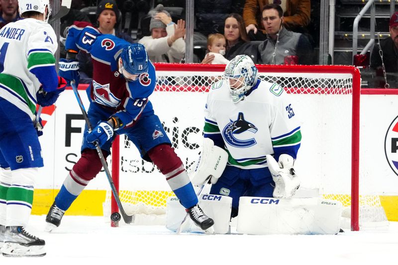 Nov 22, 2023; Denver, Colorado, USA; Colorado Avalanche right wing Valeri Nichushkin (13) shoots the puck at Vancouver Canucks goaltender Thatcher Demko (35) in the first period at Ball Arena. Mandatory Credit: Ron Chenoy-USA TODAY Sports