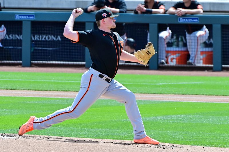 Mar 14, 2023; Salt River Pima-Maricopa, Arizona, USA; San Francisco Giants starting pitcher Logan Webb (62) throws in the first inning against the Arizona Diamondbacks during a Spring Training game at Salt River Fields at Talking Stick. Mandatory Credit: Matt Kartozian-USA TODAY Sports