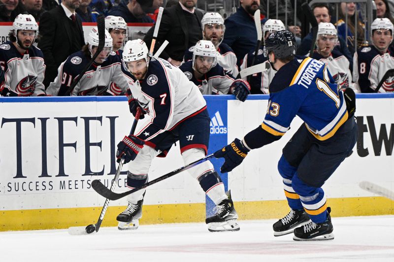 Jan 30, 2024; St. Louis, Missouri, USA; Columbus Blue Jackets center Sean Kuraly (7) controls the puck from St. Louis Blues right wing Alexey Toropchenko (13) during the first period at Enterprise Center. Mandatory Credit: Jeff Le-USA TODAY Sports