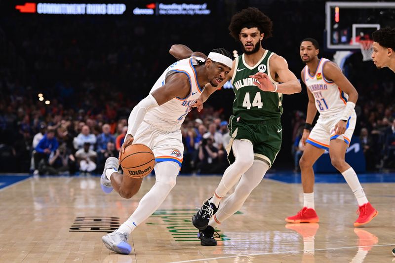 OKLAHOMA CITY, OKLAHOMA - FEBRUARY 03: Shai Gilgeous-Alexander #2 of the Oklahoma City Thunder drives the ball during the first half against the Milwaukee Bucks at Paycom Center on February 3, 2025 in Oklahoma City, Oklahoma. NOTE TO USER: User expressly acknowledges and agrees that, by downloading and or using this Photograph, user is consenting to the terms and conditions of the Getty Images License Agreement. (Photo by Joshua Gateley/Getty Images)