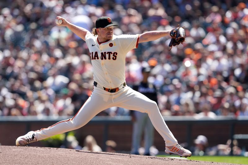 Sep 1, 2024; San Francisco, California, USA; San Francisco Giants starting pitcher Logan Webb (62) throws a pitch against the Miami Marlins during the first inning at Oracle Park. Mandatory Credit: Darren Yamashita-USA TODAY Sports