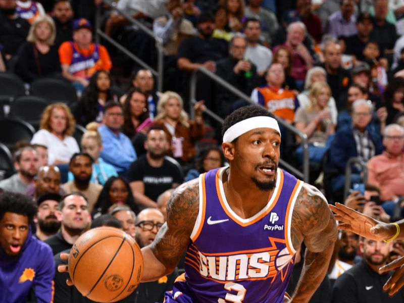 PHOENIX, AZ - MARCH 21:  Bradley Beal #3 of the Phoenix Suns goes to the basket during the game on March 21, 2024 at Footprint Center in Phoenix, Arizona. NOTE TO USER: User expressly acknowledges and agrees that, by downloading and or using this photograph, user is consenting to the terms and conditions of the Getty Images License Agreement. Mandatory Copyright Notice: Copyright 2024 NBAE (Photo by Barry Gossage/NBAE via Getty Images)