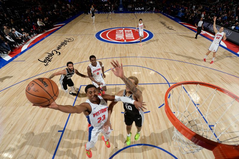 DETROIT, MI - JANUARY 10: Jaden Ivey #23 of the Detroit Pistons drives to the basket during the game against the San Antonio Spurs on January 10, 2024 at Little Caesars Arena in Detroit, Michigan. NOTE TO USER: User expressly acknowledges and agrees that, by downloading and/or using this photograph, User is consenting to the terms and conditions of the Getty Images License Agreement. Mandatory Copyright Notice: Copyright 2024 NBAE (Photo by Chris Schwegler/NBAE via Getty Images)