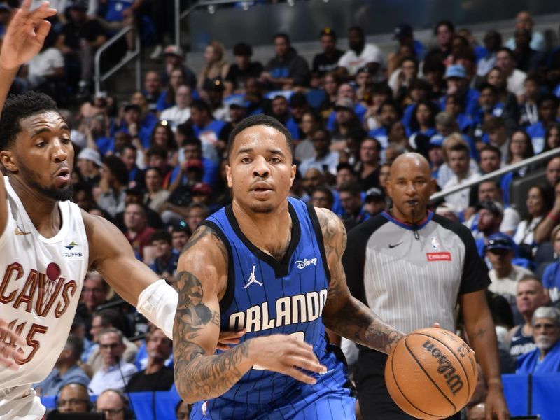 ORLANDO, FL - APRIL 27: Markelle Fultz #20 of the Orlando Magic dribbles the ball during the game against the Cleveland Cavaliers during Round 1 Game 4 of the 2024 NBA Playoffs on April 27, 2024 at the Kia Center in Orlando, Florida. NOTE TO USER: User expressly acknowledges and agrees that, by downloading and or using this photograph, User is consenting to the terms and conditions of the Getty Images License Agreement. Mandatory Copyright Notice: Copyright 2024 NBAE (Photo by Fernando Medina/NBAE via Getty Images)