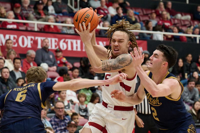 Dec 30, 2025; Stanford, California, USA; Stanford Cardinal guard Jeremy Dent-Smith (25) drives to the basket against Notre Dame Fighting Irish forward Brady Koehler (6) and guard Logan Imes (2) during the second half at Maples Pavilion. Mandatory Credit: Robert Edwards-Imagn Images