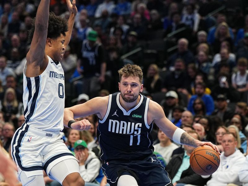 DALLAS, TX - DECEMBER 3: Luka Doncic #77 of the Dallas Mavericks dribbles the ball during the game against the Memphis Grizzlies during a Emirates NBA Cup game on December 3, 2024 at American Airlines Center in Dallas, Texas. NOTE TO USER: User expressly acknowledges and agrees that, by downloading and or using this photograph, User is consenting to the terms and conditions of the Getty Images License Agreement. Mandatory Copyright Notice: Copyright 2024 NBAE (Photo by Glenn James/NBAE via Getty Images)