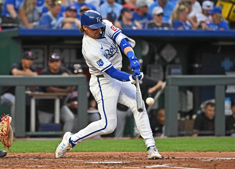 Jun 27, 2024; Kansas City, Missouri, USA; Kansas City Royals shortstop Bobby Witt Jr. (7) singles in the fourth inning against the Cleveland Guardians at Kauffman Stadium. Mandatory Credit: Peter Aiken-USA TODAY Sports