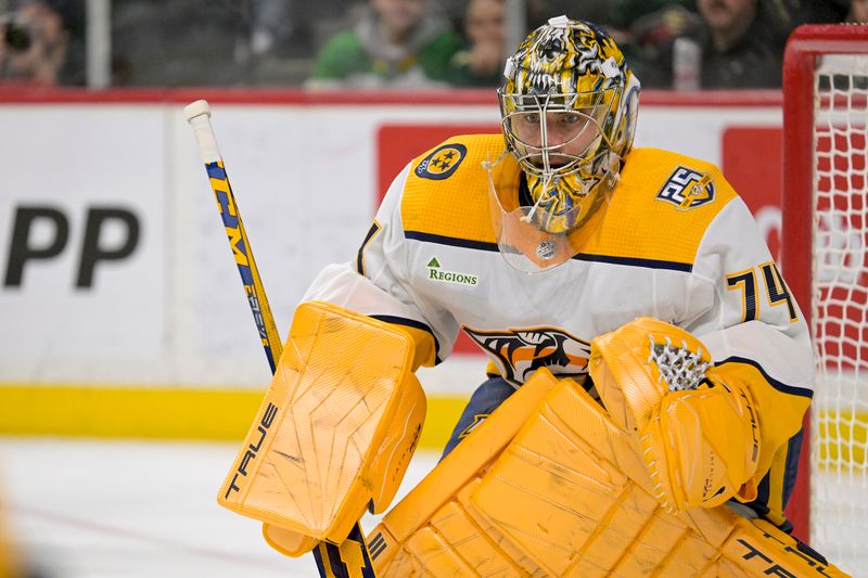 Jan 25, 2024; Saint Paul, Minnesota, USA; Nashville Predators goalie Juuse Saros (74) follows a play against the Minnesota Wild during the second period at Xcel Energy Center. Mandatory Credit: Nick Wosika-USA TODAY Sports