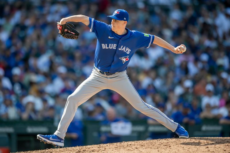 Aug 17, 2024; Chicago, Illinois, USA; Toronto Blue Jays relief pitcher Ryan Yarbrough (35) pitches during the seventh inning against the Toronto Blue Jays at Wrigley Field. Mandatory Credit: Patrick Gorski-USA TODAY Sports