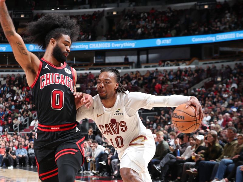 CHICAGO, IL - NOVEMBER 11: Darius Garland #10 of the Cleveland Cavaliers handles the ball during the game against the Chicago Bulls on November 11, 2024 at United Center in Chicago, Illinois. NOTE TO USER: User expressly acknowledges and agrees that, by downloading and or using this photograph, User is consenting to the terms and conditions of the Getty Images License Agreement. Mandatory Copyright Notice: Copyright 2024 NBAE (Photo by Jeff Haynes/NBAE via Getty Images)