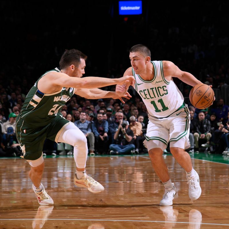 BOSTON, MA - OCTOBER 28: Payton Pritchard #11 of the Boston Celtics dribbles the ball during the game against the Milwaukee Bucks on October 28, 2024 at TD Garden in Boston, Massachusetts. NOTE TO USER: User expressly acknowledges and agrees that, by downloading and/or using this Photograph, user is consenting to the terms and conditions of the Getty Images License Agreement. Mandatory Copyright Notice: Copyright 2024 NBAE (Photo by Brian Babineau/NBAE via Getty Images)