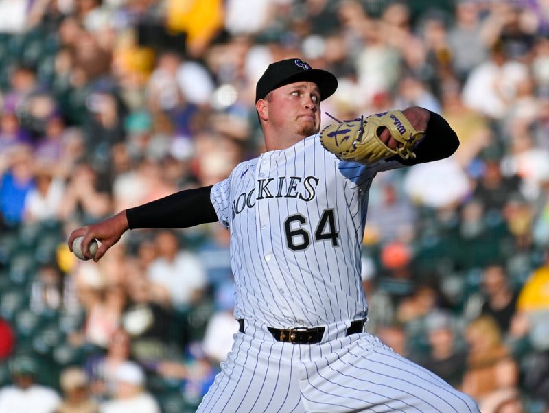 May 10, 2025; Denver, Colorado, USA; Colorado Rockies pitcher Bradley Blalock (64) delivers a pitch in at the first inning agains the San Diego Padres at Coors Field. Mandatory Credit: John Leyba-Imagn Images