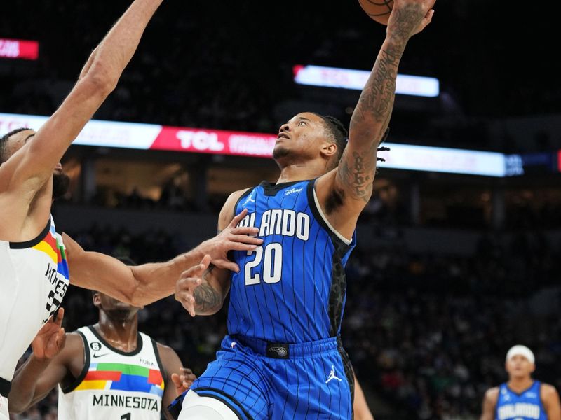 MINNEAPOLIS, MN -  FEBRUARY 3: Markelle Fultz #20 of the Orlando Magic drives to the basket during the game against the Minnesota Timberwolves on February 3, 2023 at Target Center in Minneapolis, Minnesota. NOTE TO USER: User expressly acknowledges and agrees that, by downloading and or using this Photograph, user is consenting to the terms and conditions of the Getty Images License Agreement. Mandatory Copyright Notice: Copyright 2022 NBAE (Photo by Jordan Johnson/NBAE via Getty Images)