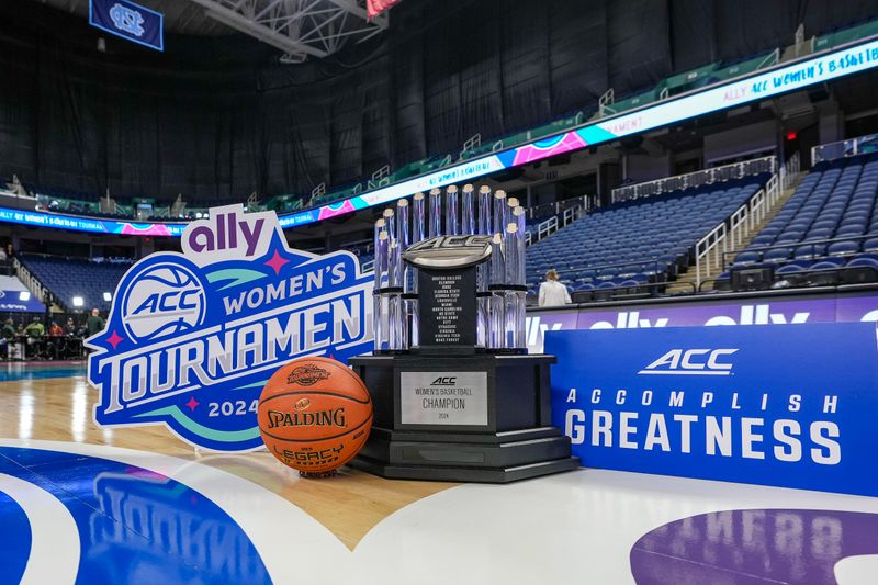 Mar 10, 2024; Greensboro, NC, USA; General view of the Championship trophy prior to the game between NC State and Notre Dame at Greensboro Coliseum. Mandatory Credit: David Yeazell-USA TODAY Sports