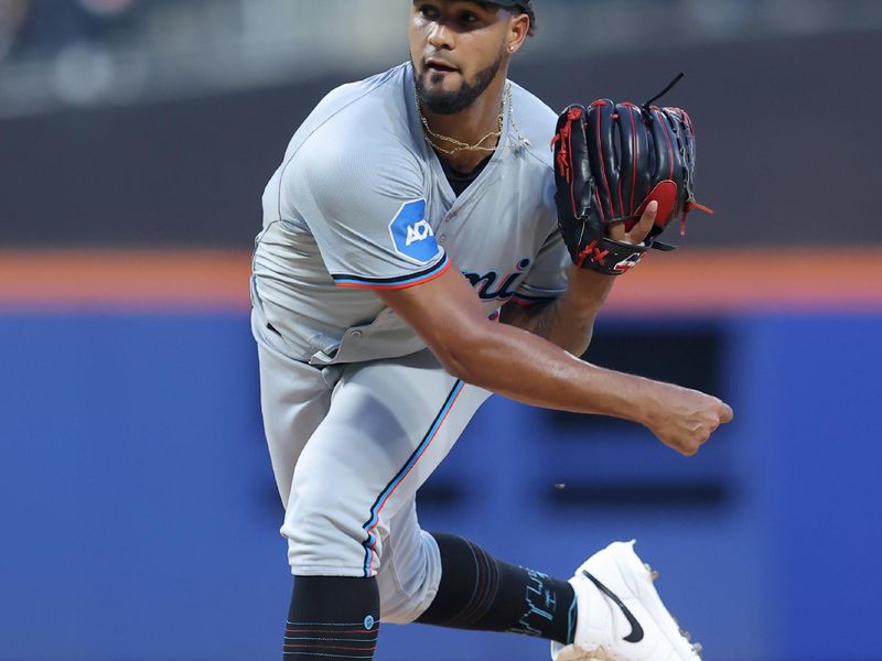 Aug 16, 2024; New York City, New York, USA; Miami Marlins starting pitcher Roddery Munoz (71) follows through on a pitch against the New York Mets during the first inning at Citi Field. Mandatory Credit: Brad Penner-USA TODAY Sports