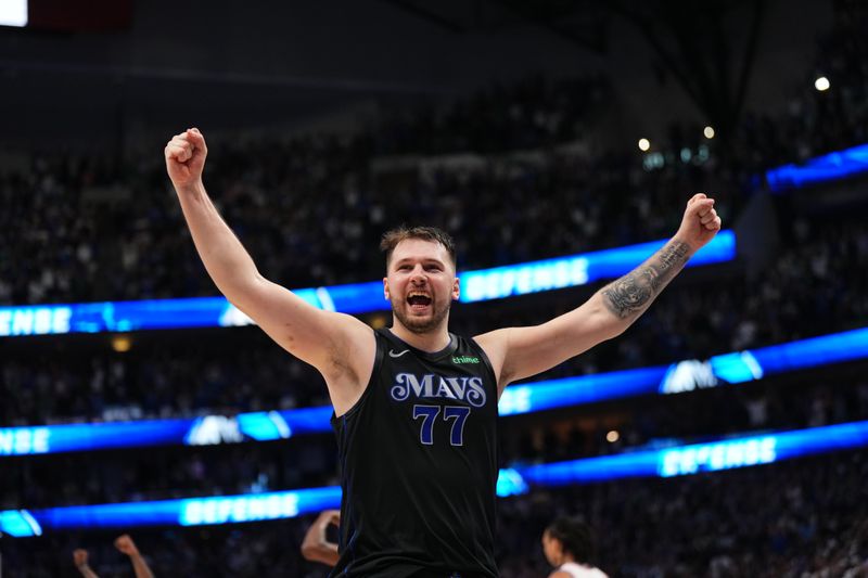 DALLAS, TX - MAY 18: Luka Doncic #77 of the Dallas Mavericks celebrates after the game against the Oklahoma City Thunder during Round 2 Game 6 of the 2024 NBA Playoffs on May 18, 2024 at the American Airlines Center in Dallas, Texas. NOTE TO USER: User expressly acknowledges and agrees that, by downloading and or using this photograph, User is consenting to the terms and conditions of the Getty Images License Agreement. Mandatory Copyright Notice: Copyright 2024 NBAE (Photo by Cooper Neill/NBAE via Getty Images)