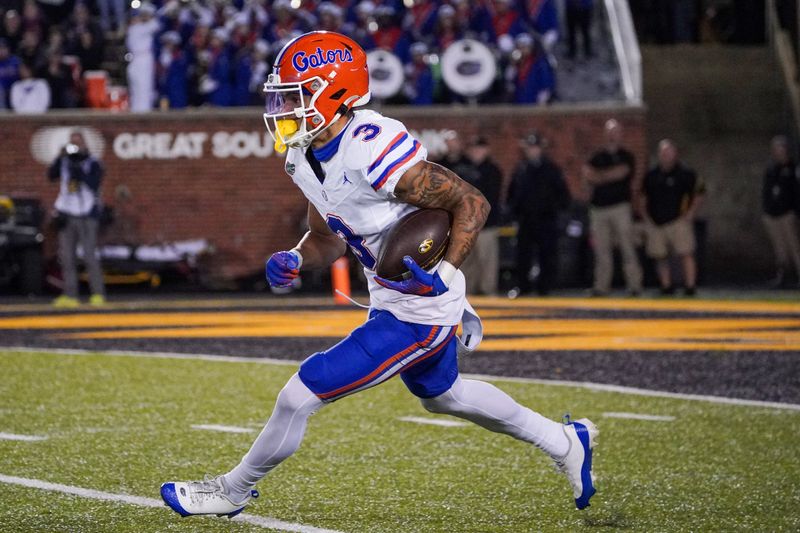 Nov 18, 2023; Columbia, Missouri, USA; Florida Gators wide receiver Eugene Wilson III (3) returns a kick against the Missouri Tigers during the first half at Faurot Field at Memorial Stadium. Mandatory Credit: Denny Medley-USA TODAY Sports