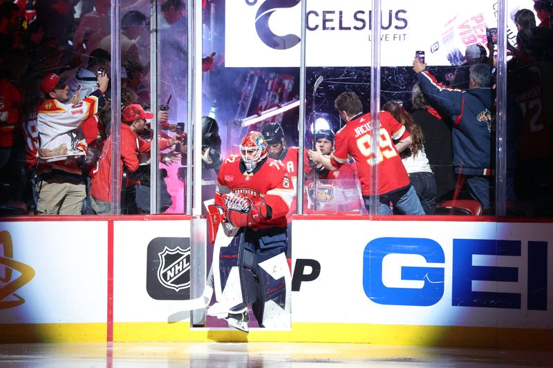 May 11, 2025; Sunrise, Florida, USA; Florida Panthers goaltender Sergei Bobrovsky (72) skates onto the ice before the first period in game four of the second round of the 2025 Stanley Cup Playoffs at Amerant Bank Arena. Mandatory Credit: Kim Klement Neitzel-Imagn Images