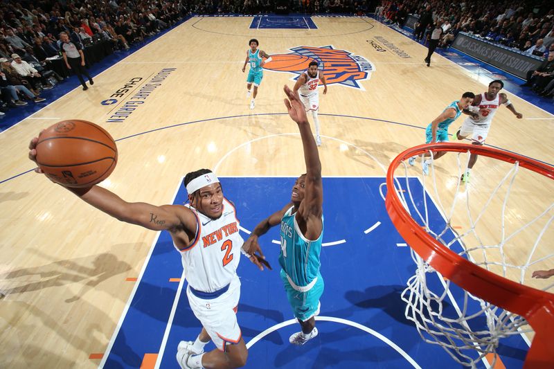 NEW YORK, NY - DECEMBER 5: Miles McBride #2 of the New York Knicks drives to the basket during the game against the Charlotte Hornets on December 5, 2024 at Madison Square Garden in New York City, New York.  NOTE TO USER: User expressly acknowledges and agrees that, by downloading and or using this photograph, User is consenting to the terms and conditions of the Getty Images License Agreement. Mandatory Copyright Notice: Copyright 2024 NBAE  (Photo by Nathaniel S. Butler/NBAE via Getty Images)