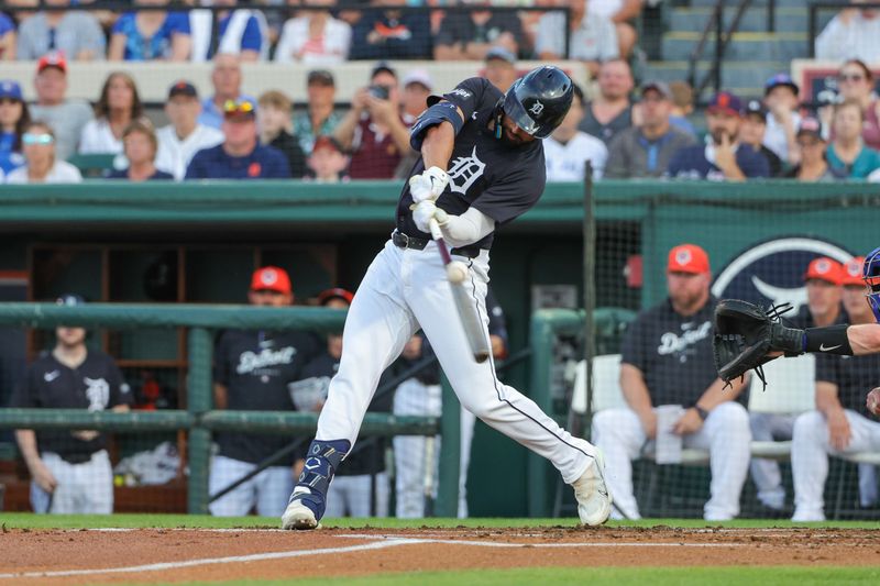 Mar 7, 2024; Lakeland, Florida, USA; Detroit Tigers center fielder Riley Greene (31) bats during the first inning against the Toronto Blue Jays at Publix Field at Joker Marchant Stadium. Mandatory Credit: Mike Watters-USA TODAY Sports