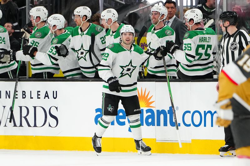 Jan 29, 2026; Las Vegas, Nevada, USA; Dallas Stars center Mavrik Bourque (22) celebrates after scoring a goal against the Vegas Golden Knights during the second period at T-Mobile Arena. Mandatory Credit: Stephen R. Sylvanie-Imagn Images