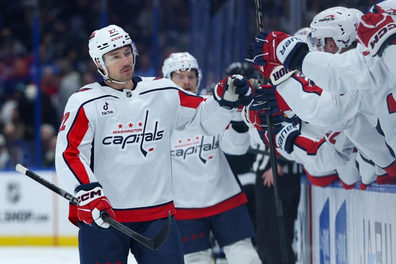 Nov 8, 2025; Tampa, Florida, USA; Washington Capitals right wing Brandon Duhaime (22) reacts after scoring a goal against the Tampa Bay Lightning in the first period at Benchmark International Arena. Mandatory Credit: Nathan Ray Seebeck-Imagn Images