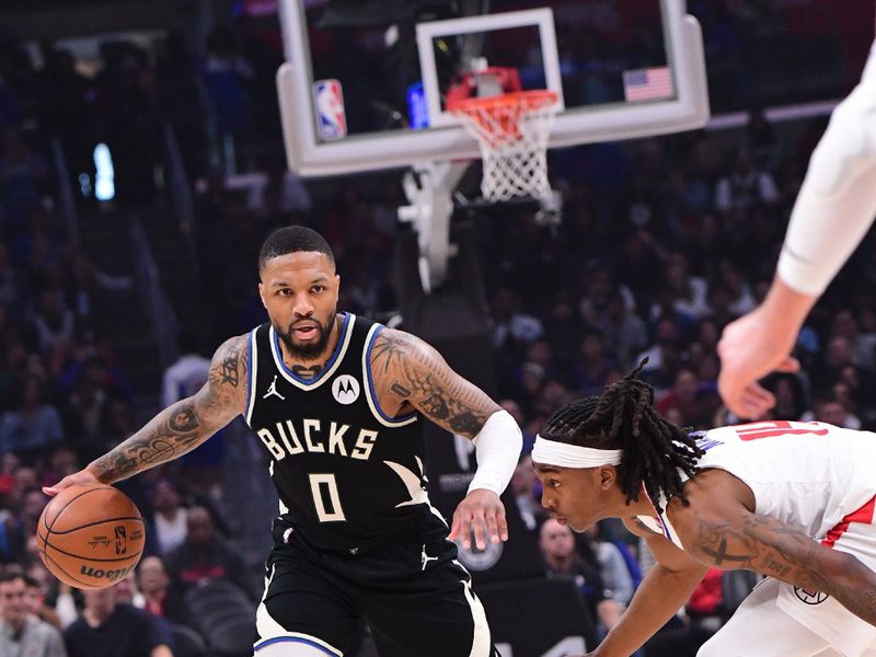 LOS ANGELES, CA - MARCH 10:  Damian Lillard #0 of the Milwaukee Bucks dribbles the ball during the game against the LA Clippers on March 10, 2024 at Crypto.Com Arena in Los Angeles, California. NOTE TO USER: User expressly acknowledges and agrees that, by downloading and/or using this Photograph, user is consenting to the terms and conditions of the Getty Images License Agreement. Mandatory Copyright Notice: Copyright 2024 NBAE (Photo by Adam Pantozzi/NBAE via Getty Images)