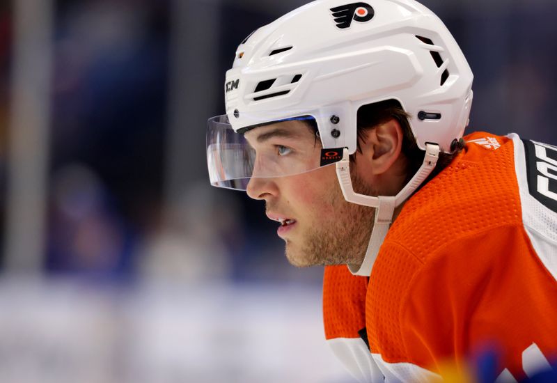 Apr 5, 2024; Buffalo, New York, USA;  Philadelphia Flyers right wing Tyson Foerster (71) waits for the face-off during the first period against the Buffalo Sabres at KeyBank Center. Mandatory Credit: Timothy T. Ludwig-USA TODAY Sports