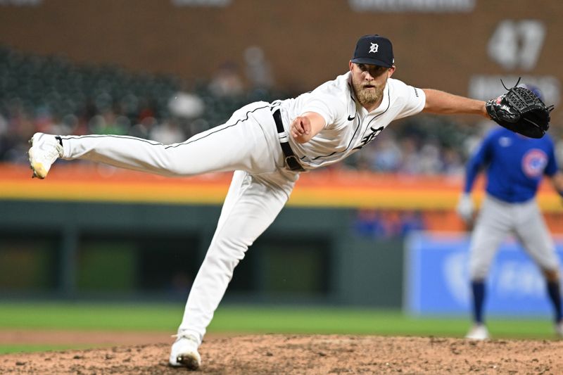 Aug 21, 2023; Detroit, Michigan, USA; Detroit Tigers relief pitcher Will Vest (19) throws a pitch against the Chicago Cubs in the eighth inning at Comerica Park. Mandatory Credit: Lon Horwedel-USA TODAY Sports