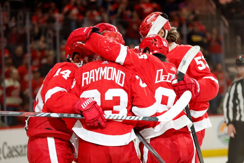 Mar 19, 2024; Detroit, Michigan, USA; The Detroit Red Wings celebrate a goal by Detroit Red Wings right wing Patrick Kane (88) in the second Period of the game against the Columbus Blue Jackets at Little Caesars Arena. Mandatory Credit: Brian Bradshaw Sevald-USA TODAY Sports