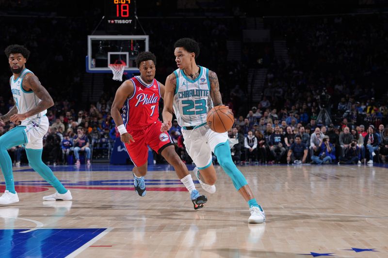 PHILADELPHIA, PA - MARCH 1: Tre Mann #23 of the Charlotte Hornets dribbles the ball during the game against the Philadelphia 76ers on March 1, 2024 at the Wells Fargo Center in Philadelphia, Pennsylvania NOTE TO USER: User expressly acknowledges and agrees that, by downloading and/or using this Photograph, user is consenting to the terms and conditions of the Getty Images License Agreement. Mandatory Copyright Notice: Copyright 2024 NBAE (Photo by Jesse D. Garrabrant/NBAE via Getty Images)