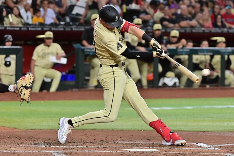 Jun 4, 2024; Phoenix, Arizona, USA;  Arizona Diamondbacks shortstop Kevin Newman (18) hits a two-RBI single in the third inning against the San Francisco Giants at Chase Field. Mandatory Credit: Matt Kartozian-USA TODAY Sports