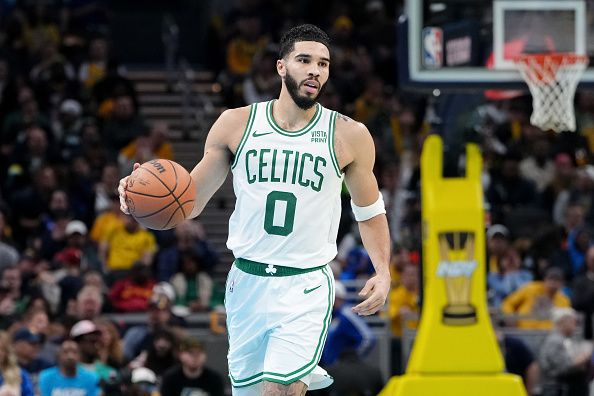 INDIANAPOLIS, INDIANA - DECEMBER 04: Jayson Tatum #0 of the Boston Celtics dribbles the ball in the third quarter against the Indiana Pacers during the NBA In-Season Tournament at Gainbridge Fieldhouse on December 04, 2023 in Indianapolis, Indiana. NOTE TO USER: User expressly acknowledges and agrees that, by downloading and or using this photograph, User is consenting to the terms and conditions of the Getty Images License Agreement. (Photo by Dylan Buell/Getty Images)