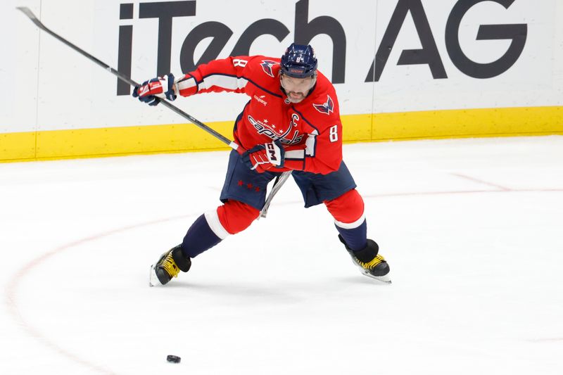 Mar 20, 2026; Washington, District of Columbia, USA; Washington Capitals left wing Alex Ovechkin (8) prepares to shoot the puck against the New Jersey Devils during the third period at Capital One Arena. Mandatory Credit: Amber Searls-Imagn Images