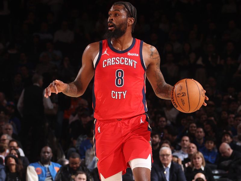 NEW YORK, NY - FEBRUARY 27:  Naji Marshall #8 of the New Orleans Pelicans handles the ball during the game  on February 27, 2024 at Madison Square Garden in New York City, New York.  NOTE TO USER: User expressly acknowledges and agrees that, by downloading and or using this photograph, User is consenting to the terms and conditions of the Getty Images License Agreement. Mandatory Copyright Notice: Copyright 2024 NBAE  (Photo by Nathaniel S. Butler/NBAE via Getty Images)