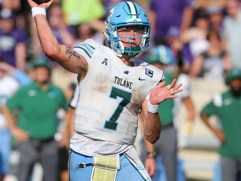 Sep 17, 2022; Manhattan, Kansas, USA; Tulane Green Wave quarterback Michael Pratt (7) passes the ball during the fourth quarter against the Kansas State Wildcats at Bill Snyder Family Football Stadium. Mandatory Credit: Scott Sewell-USA TODAY Sports