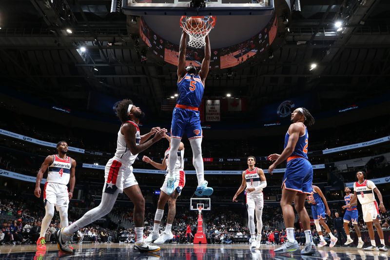 WASHINGTON, DC -? OCTOBER 18: Precious Achiuwa #5 of the New York Knicks dunks the ball during the game against the Washington Wizards on October 18, 2024 at Capital One Arena in Washington, DC. NOTE TO USER: User expressly acknowledges and agrees that, by downloading and or using this Photograph, user is consenting to the terms and conditions of the Getty Images License Agreement. Mandatory Copyright Notice: Copyright 2024 NBAE (Photo by Stephen Gosling/NBAE via Getty Images)