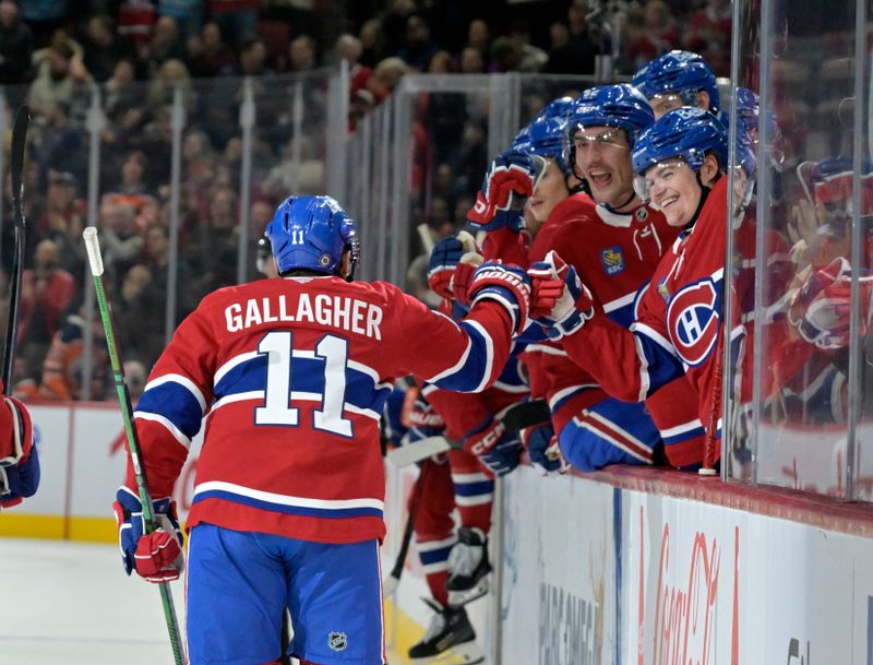 Nov 18, 2024; Montreal, Quebec, CAN; Montreal Canadiens forward Brendan Gallagher (11) celebrates with teammates including forward Cole Caufield (13) after scoring a goal against the Edmonton Oilers during the second period at the Bell Centre. Mandatory Credit: Eric Bolte-Imagn Images