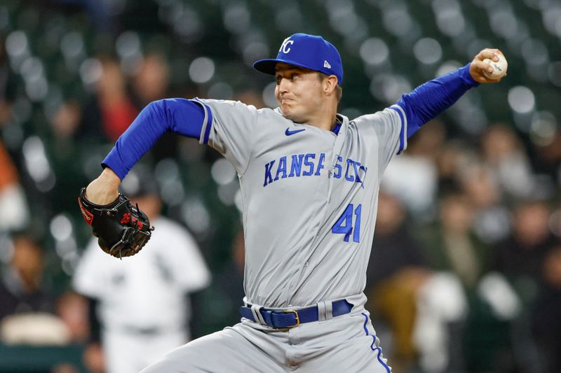 Sep 13, 2023; Chicago, Illinois, USA; Kansas City Royals relief pitcher Tucker Davidson (41) delivers a pitch against the Chicago White Sox during the ninth inning at Guaranteed Rate Field. Mandatory Credit: Kamil Krzaczynski-USA TODAY Sports