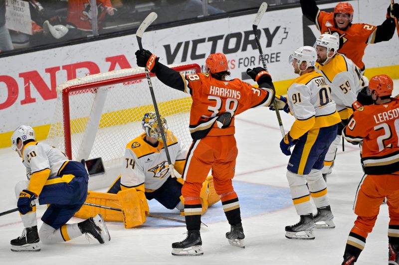 Jan 25, 2025; Anaheim, California, USA; Anaheim Ducks center Jansen Harkins (38) celebrates after scoring past Nashville Predators goaltender Juuse Saros (74) in the second period at Honda Center. Mandatory Credit: Jayne Kamin-Oncea-Imagn Images