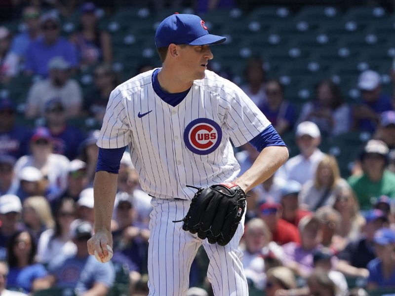 Jul 6, 2024; Chicago, Illinois, USA; Chicago Cubs pitcher Kyle Hendricks (28) throws the ball against the Los Angeles Angels during the first inning at Wrigley Field. Mandatory Credit: David Banks-USA TODAY Sports