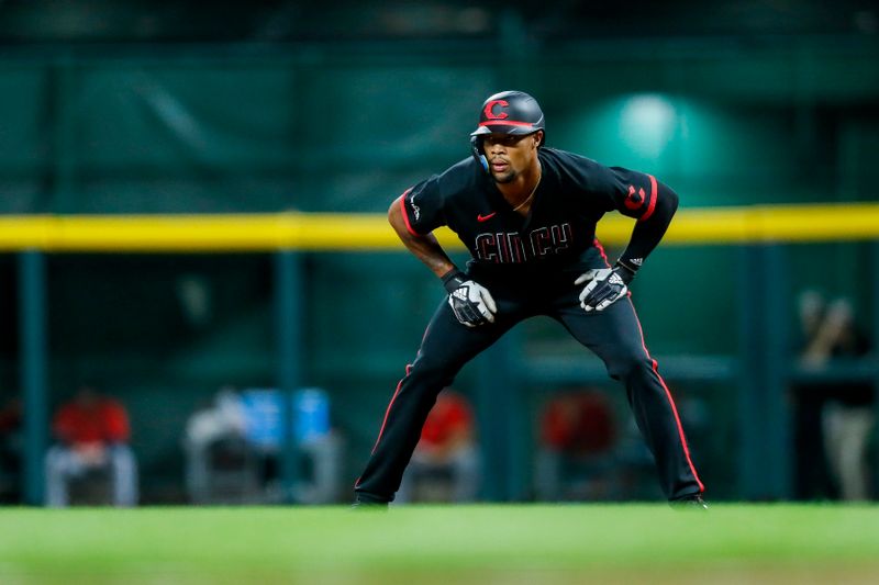 Sep 8, 2023; Cincinnati, Ohio, USA; Cincinnati Reds pinch hitter Will Benson (30) leads off from first in the sixth inning against the St. Louis Cardinals at Great American Ball Park. Mandatory Credit: Katie Stratman-USA TODAY Sports