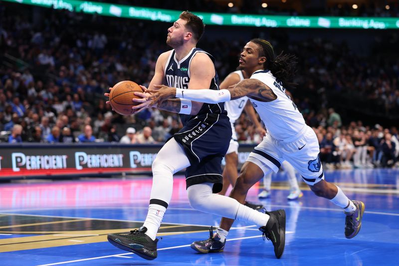 DALLAS, TEXAS - DECEMBER 03: Luka Doncic #77 of the Dallas Mavericks drives with the ball past Ja Morant #12 of the Memphis Grizzlies during the second half of an Emirates NBA Cup game at American Airlines Center on December 03, 2024 in Dallas, Texas. NOTE TO USER: User expressly acknowledges and agrees that, by downloading and/or using this photograph, user is consenting to the terms and conditions of the Getty Images License Agreement. (Photo by Sam Hodde/Getty Images)