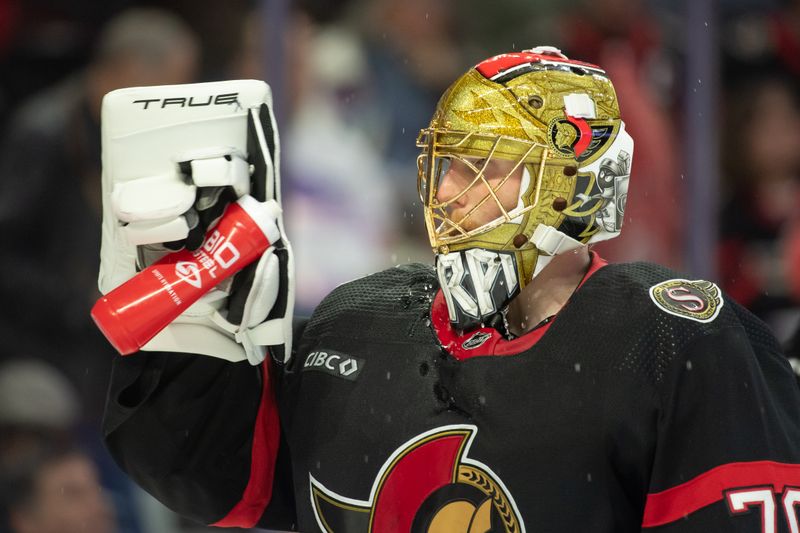 Nov 27 2023; Ottawa, Ontario, CAN; Ottawa Senators goalie Joonas Korpisalo (70) cools down prior to the start of the second period against the Florida Panthers at the Canadian Tire Centre. Mandatory Credit: Marc DesRosiers-USA TODAY Sports