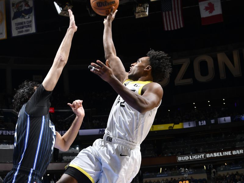 ORLANDO, FL - JANUARY 5 :  Collin Sexton #2 of the Utah Jazz shoots the ball during the game against the Orlando Magic on January 5, 2025 at Kia Center in Orlando, Florida. NOTE TO USER: User expressly acknowledges and agrees that, by downloading and or using this photograph, User is consenting to the terms and conditions of the Getty Images License Agreement. Mandatory Copyright Notice: Copyright 2025 NBAE (Photo by Fernando Medina/NBAE via Getty Images)