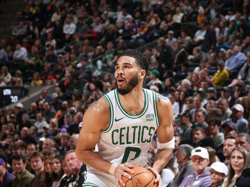 SALT LAKE CITY, UT - MARCH 12:  Jayson Tatum #0 of the Boston Celtics handles the ball during the game  on March 12, 2024 at Delta Center in Salt Lake City, Utah. NOTE TO USER: User expressly acknowledges and agrees that, by downloading and or using this Photograph, User is consenting to the terms and conditions of the Getty Images License Agreement. Mandatory Copyright Notice: Copyright 2024 NBAE (Photo by Melissa Majchrzak/NBAE via Getty Images)