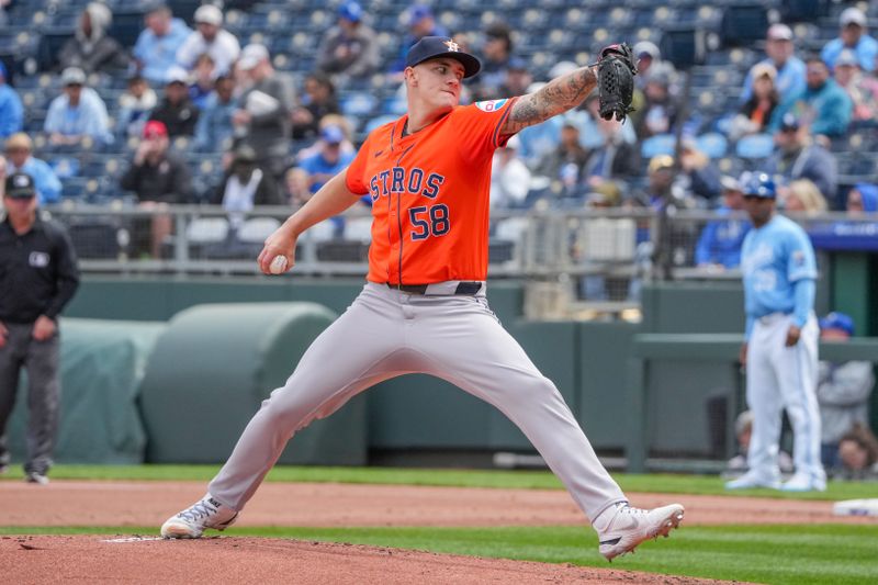 Apr 11, 2024; Kansas City, Missouri, USA; Houston Astros starting pitcher Hunter Brown (58) delivers a pitch against the Kansas City Royals in the first inning at Kauffman Stadium. Mandatory Credit: Denny Medley-USA TODAY Sports